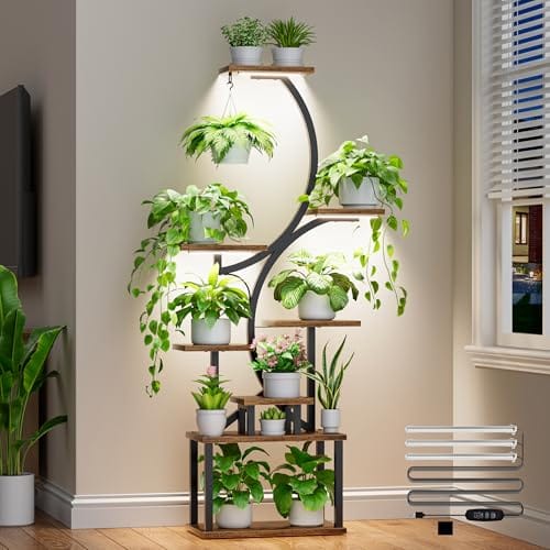 Plant Stand with Grow Lights for Indoor Plants, 8-Tiered Tall Corner Plant Shelf with Full Spectrum Light, S-Shaped Space-Saving Narrow Flower Holder, Anti-Tip for Living Room Bedroom Office, Brown