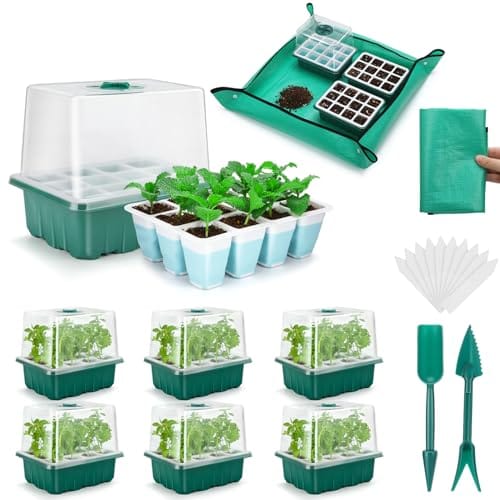Hanaoyo Reusable Seed Starter Tray with 72 Soft Silicone Cells, 6 Pack Seed Starter Kit with Repotting Mat, Humidity Dome and High Lid, Germination Trays for Indoor Greenhouse Seed Starter