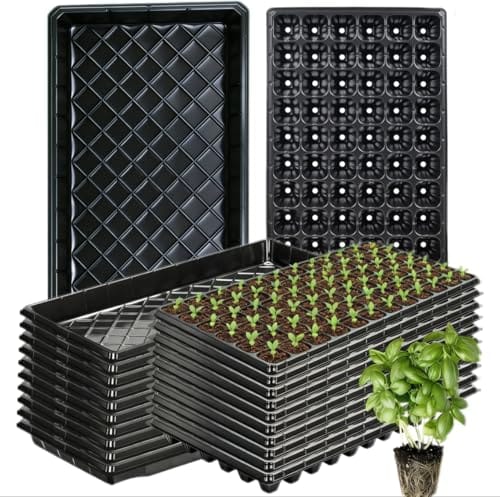 Omitgoter 72-Cell Seed Trays with Drainage Trays-10 Sets 20 Packs-1020 Durable Plastic Plant Tray for Seed Germination(21x11x1.81 in)