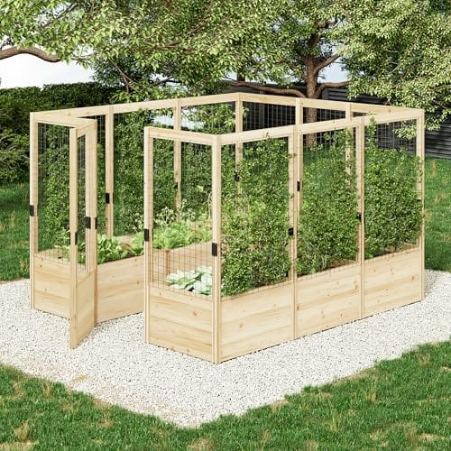 AMERLIFE Raised Garden Bed with Deer Proof Fence, 7.5Wx9Dx6H Outdoor Wooden Raised Garden Bed Planter with 19