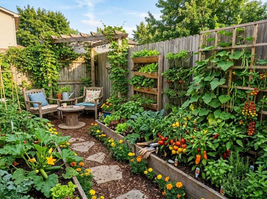 Backyard Vegetable Garden Ideas with raised garden beds filled with fresh vegetables and herbs.