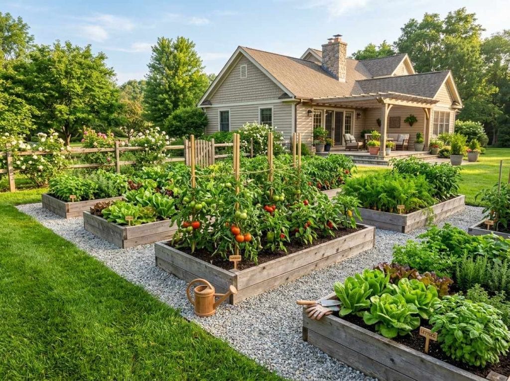 Backyard Vegetable Garden Ideas featuring a small backyard layout with tomatoes, lettuce, and peppers.