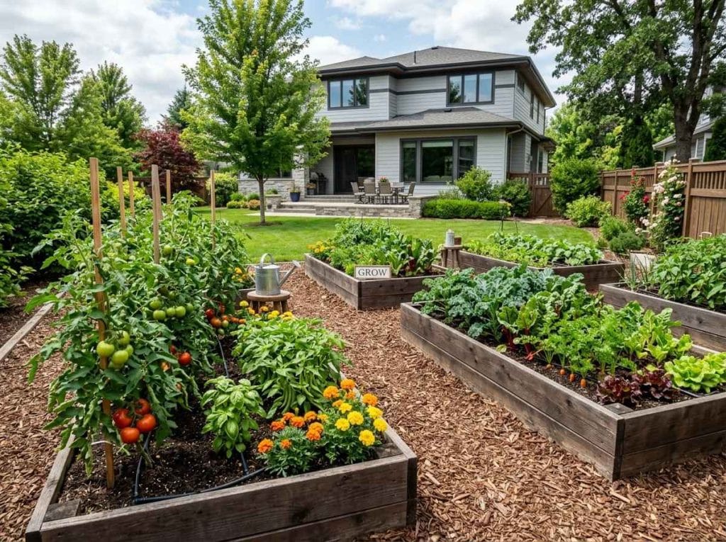 Backyard Vegetable Garden Ideas using wooden planter boxes, mulch, and healthy vegetable plants.