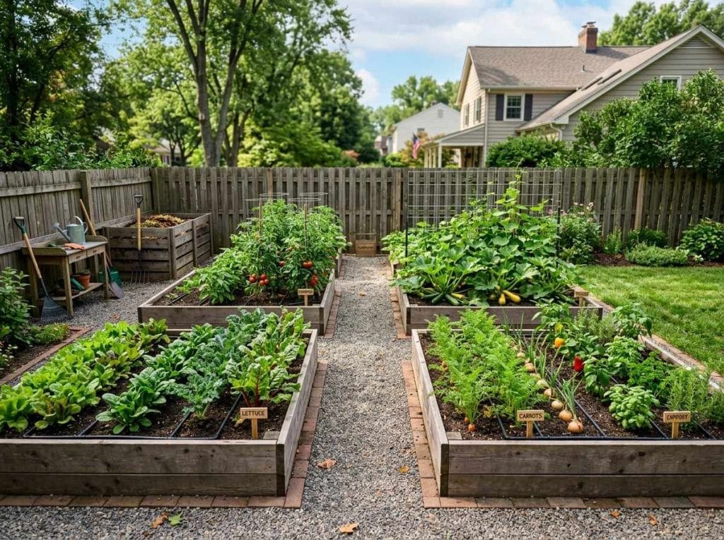 Beginner 20X20 Vegetable Garden Layout showing neatly organized raised beds with easy-to-grow vegetables.