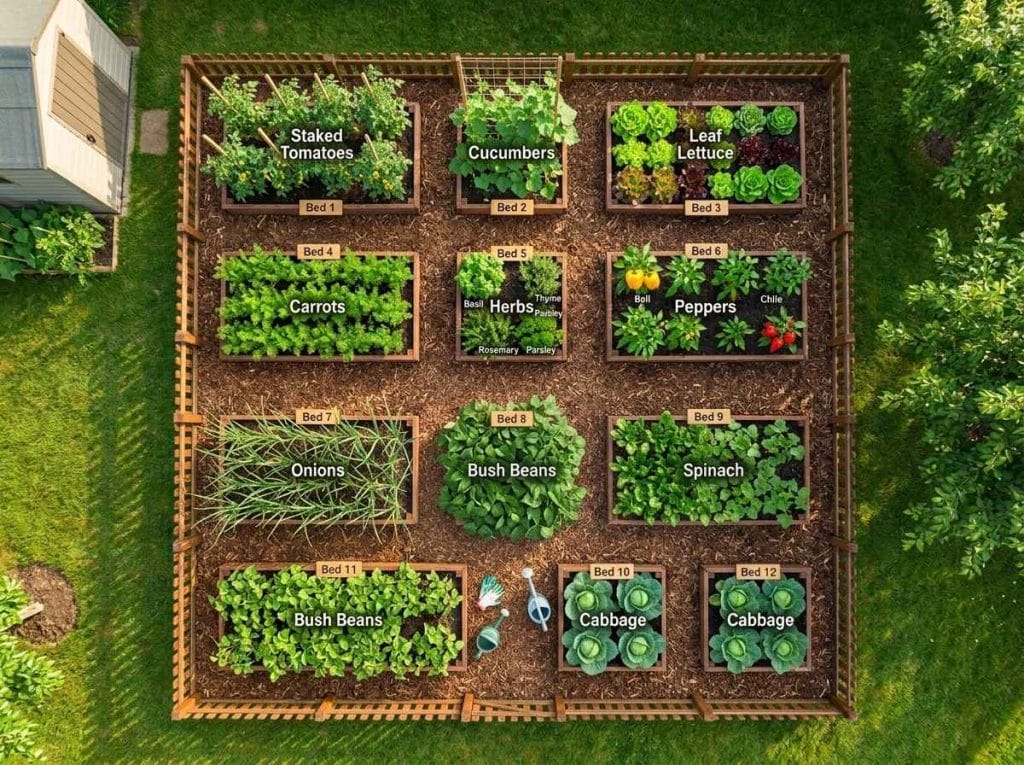 Beginner 20X20 Vegetable Garden Layout illustrating a productive backyard garden with companion planting sections.