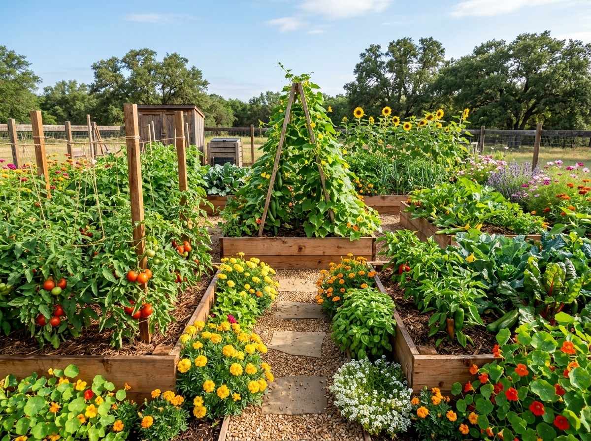 Beginner 20X20 Vegetable Garden Layout showcasing an organized 20x20 garden with tomatoes, lettuce, carrots, beans, and herbs.