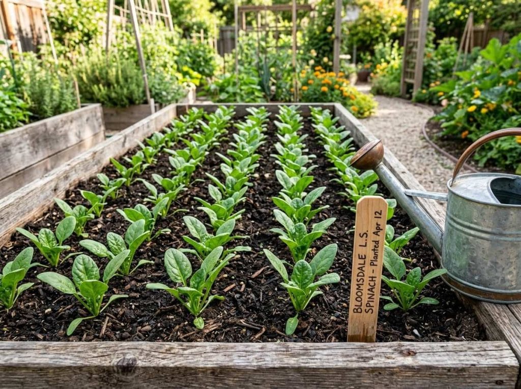 Bloomsdale Long Standing Spinach ready for harvest in a healthy backyard vegetable garden.