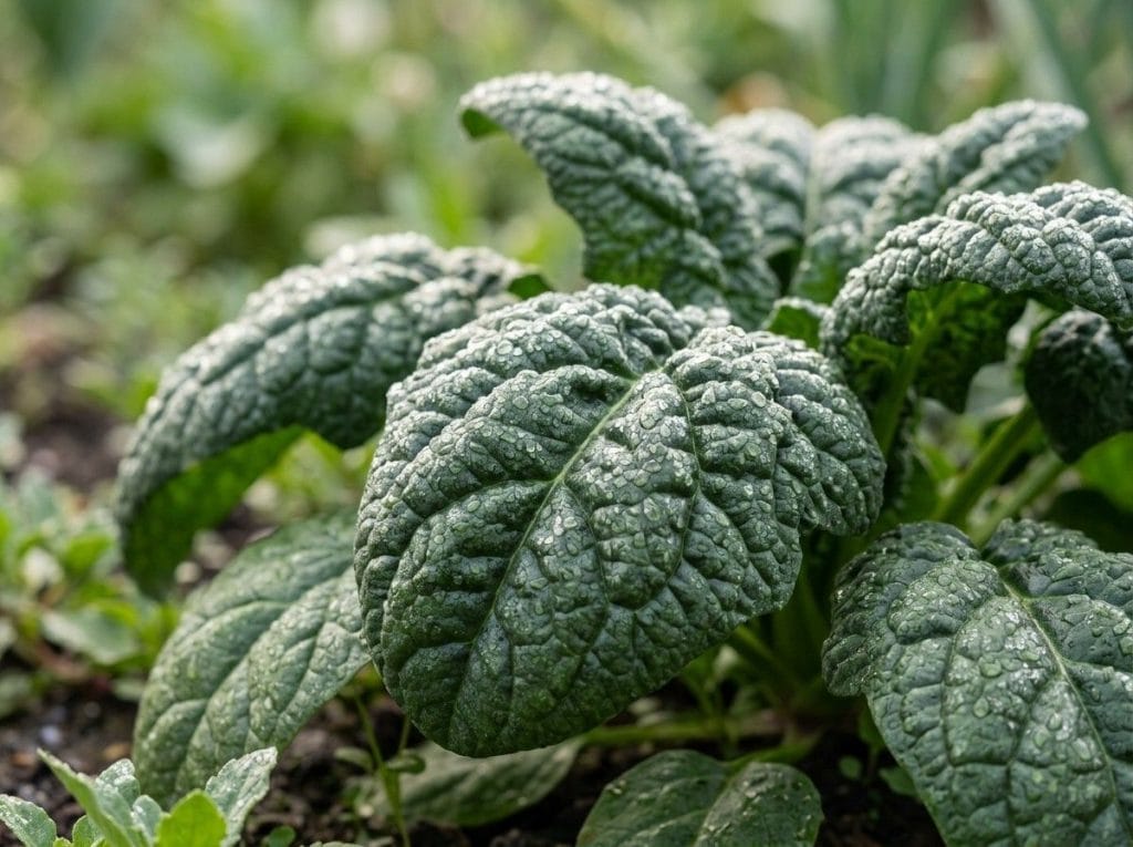 Bloomsdale Long Standing Spinach growing in a raised garden bed with dark green, crinkled leaves.