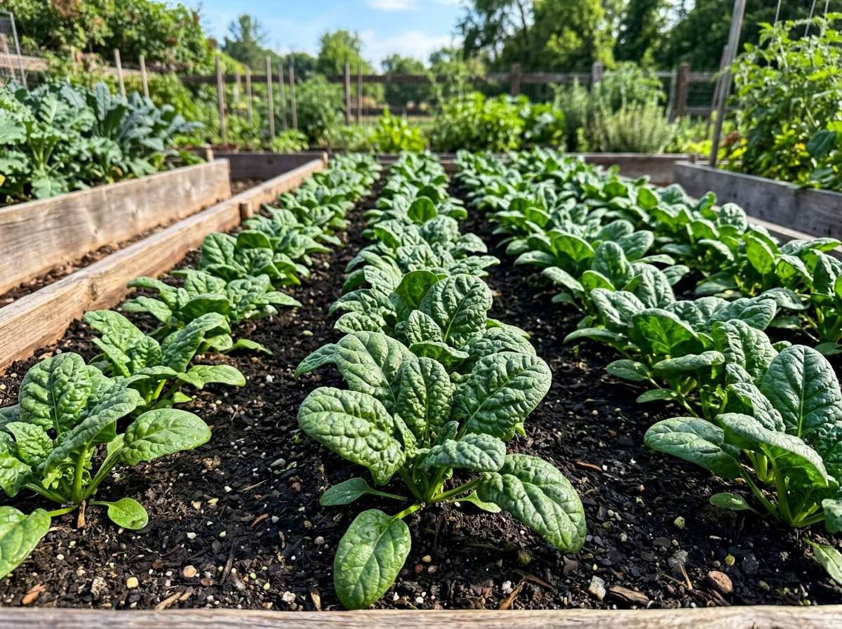 Bloomsdale Long Standing Spinach thriving in rich, well-drained soil under full sun conditions.