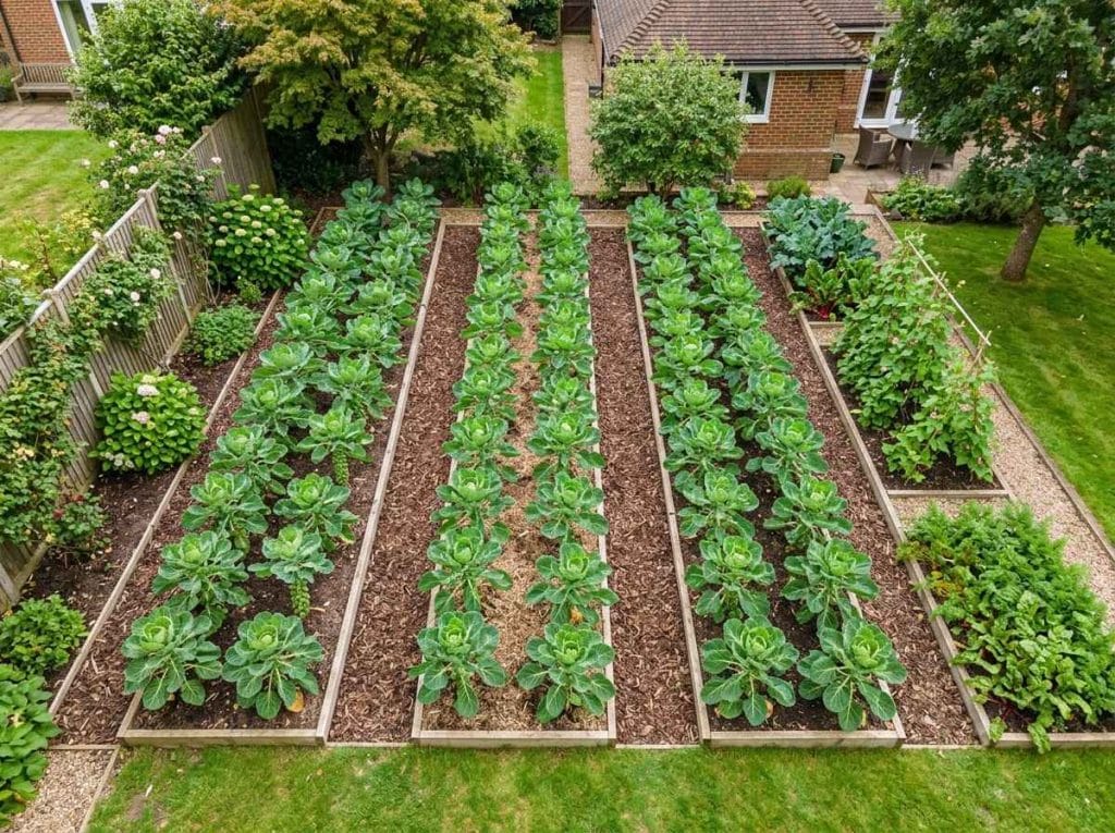 Brussel Sprout Plant Spacing with evenly spaced seedlings growing in a raised garden bed.