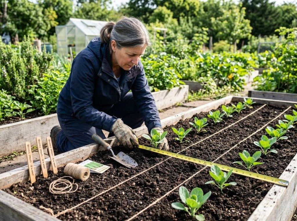 Brussel Sprout Plant Spacing in fertile, well-drained soil with neat rows in a backyard vegetable garden.