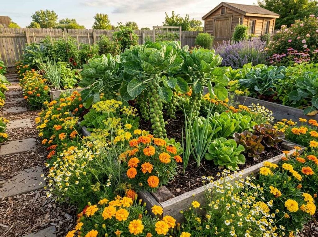 Brussels Sprouts Companion Plants growing alongside onions, herbs, and leafy greens in a backyard vegetable garden.