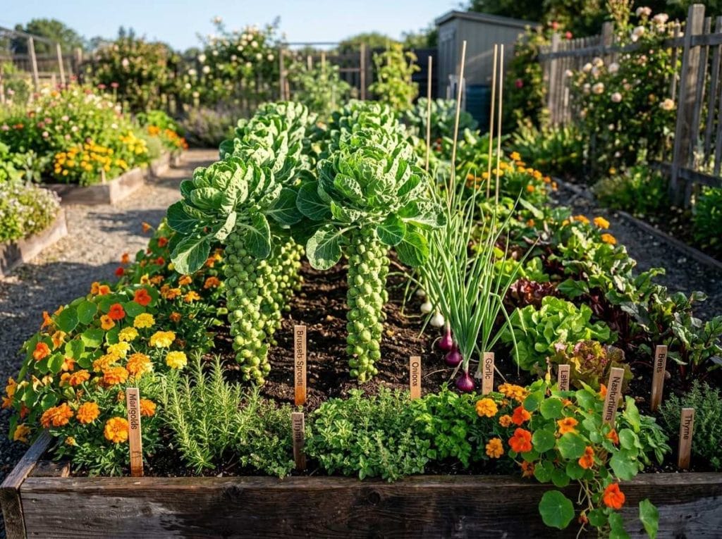 Brussels Sprouts Companion Plants showing a companion planting layout with healthy vegetables and herbs.