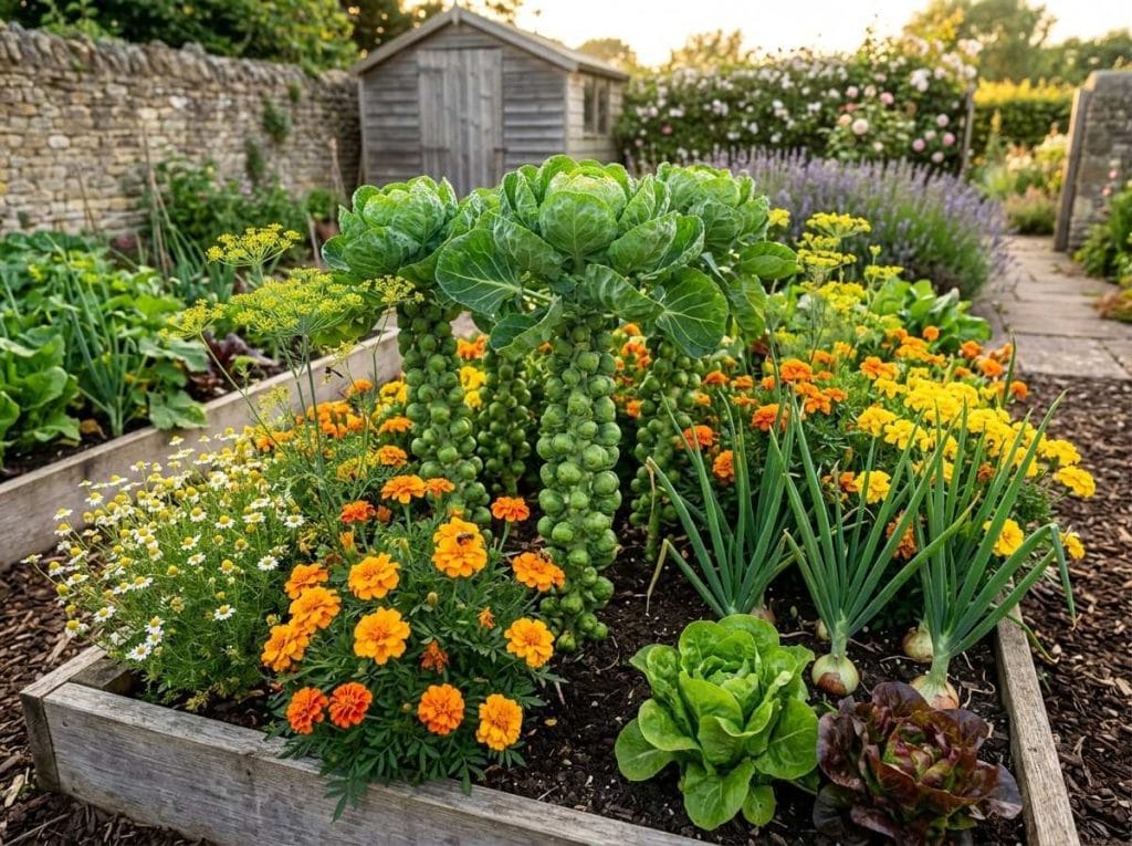 Brussels Sprouts Companion Plants in raised garden beds with beneficial companion crops for healthy growth.