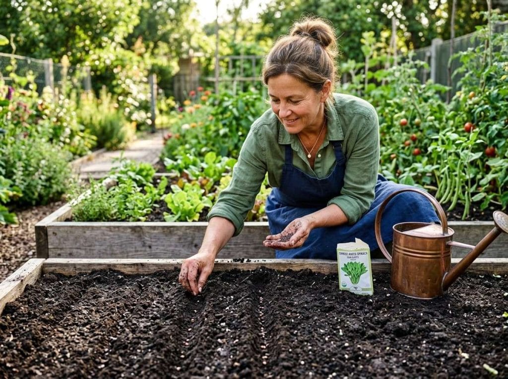 Chinese Water Spinach Seeds showing freshly sown seeds in a raised garden bed with moist soil.