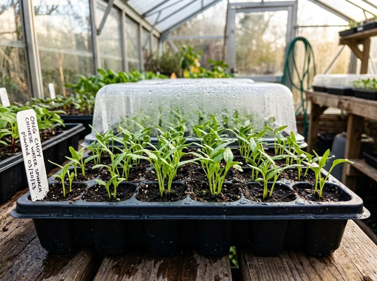 Chinese Water Spinach Seeds growing into healthy plants in a backyard vegetable garden.