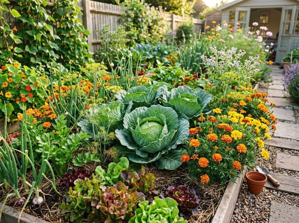 Companion Planting With Cabbage showing cabbage growing alongside onions, marigolds, and herbs in a backyard vegetable garden.