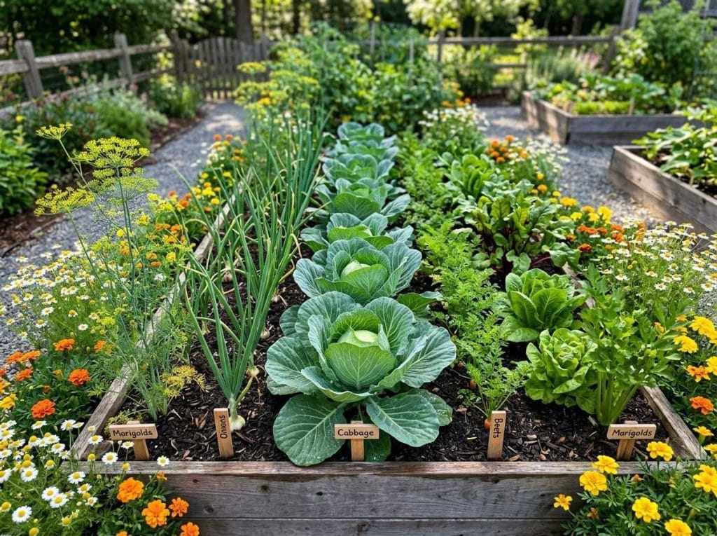 Companion Planting With Cabbage featuring healthy companion vegetables planted in raised garden beds for better growth.