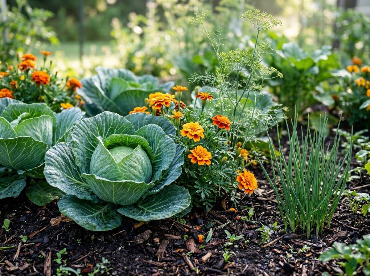 Companion Planting With Cabbage illustrating the best companion plants for natural pest control and healthy cabbage.