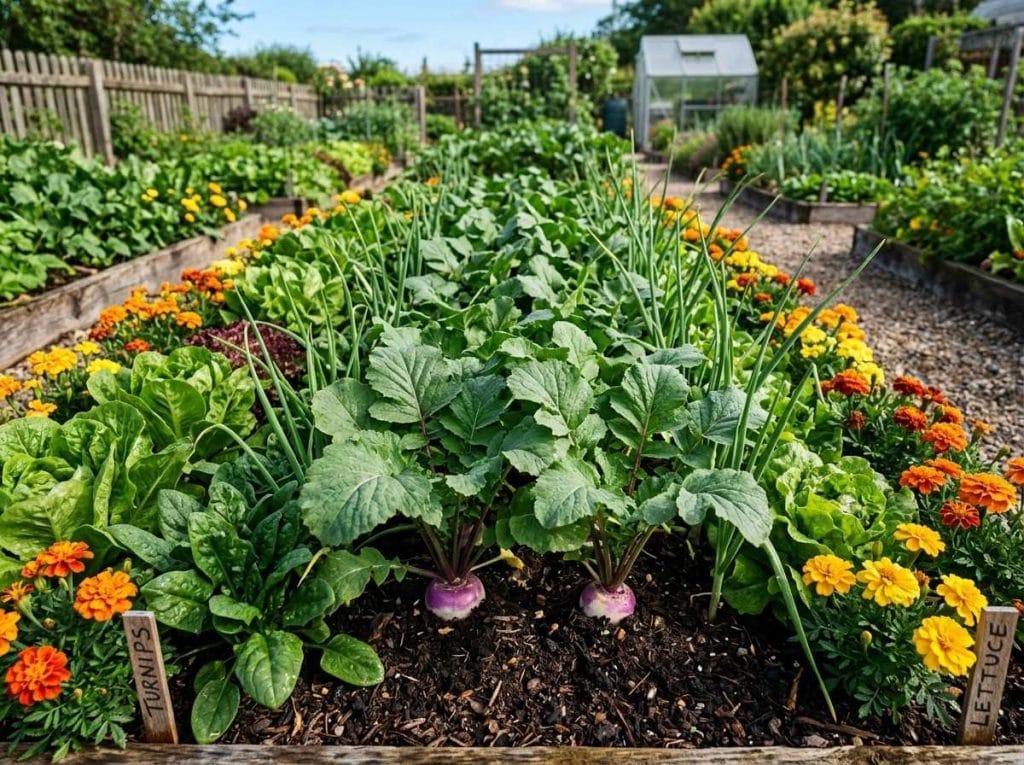 Companion Planting With Turnips featuring healthy companion vegetables planted in neatly arranged raised garden beds.