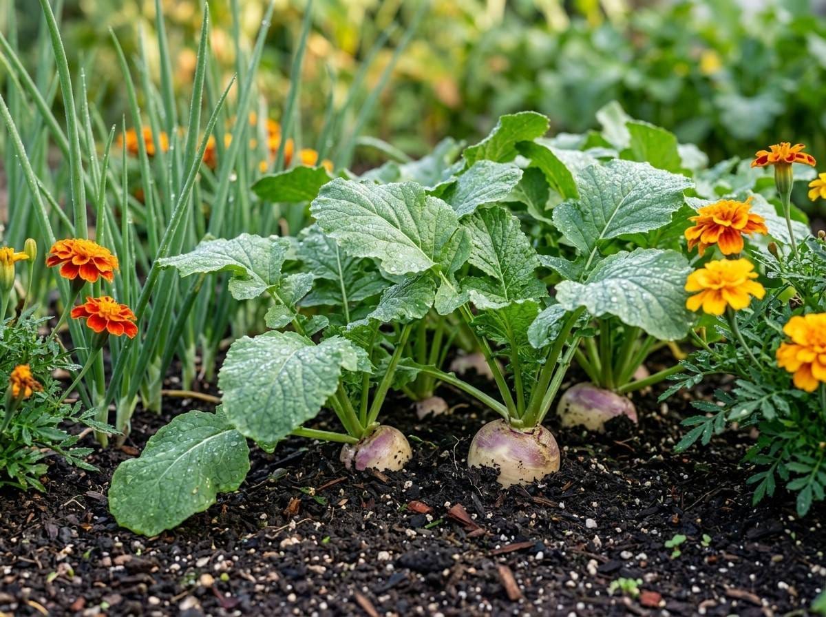 Companion Planting With Turnips showing turnips growing alongside onions, peas, and leafy greens in a backyard vegetable garden.