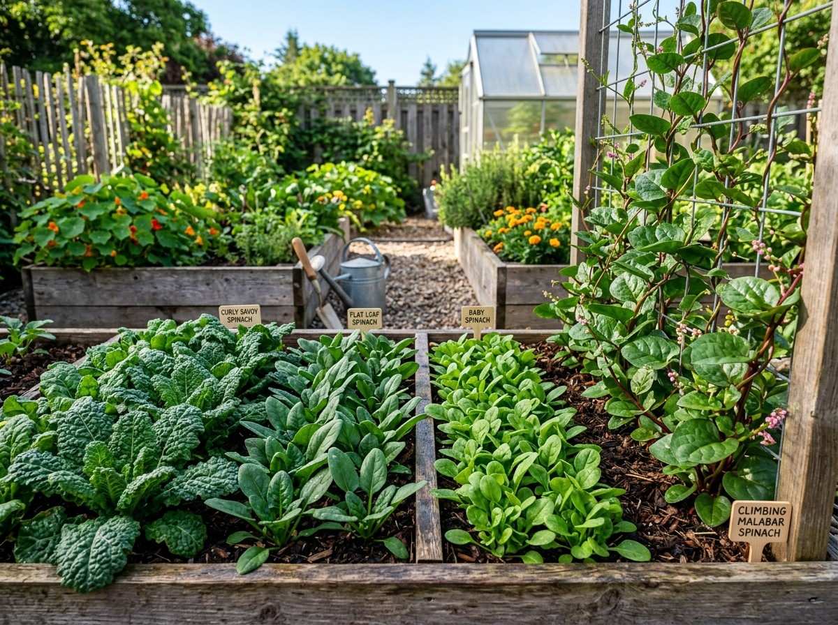 Different Kinds of Spinach showing a variety of spinach types growing in a vegetable garden