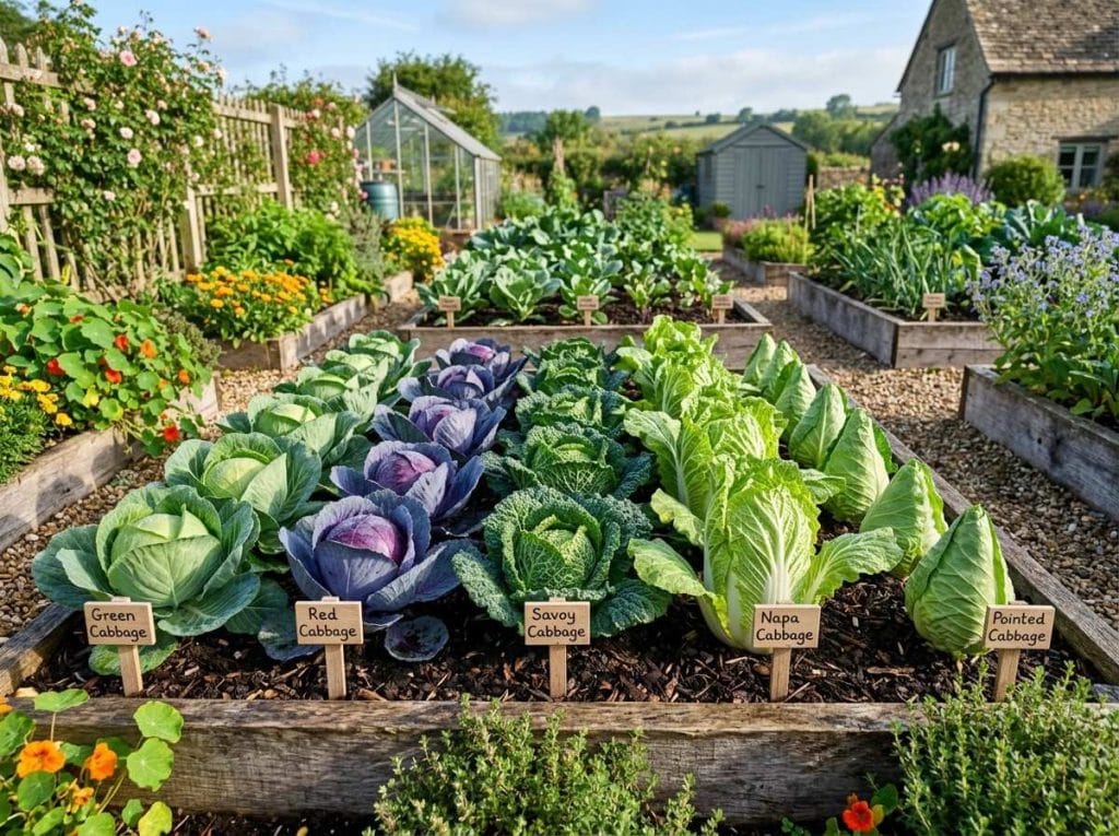 Different Types of Cabbage growing in a healthy vegetable garden with several cabbage varieties in neat rows.