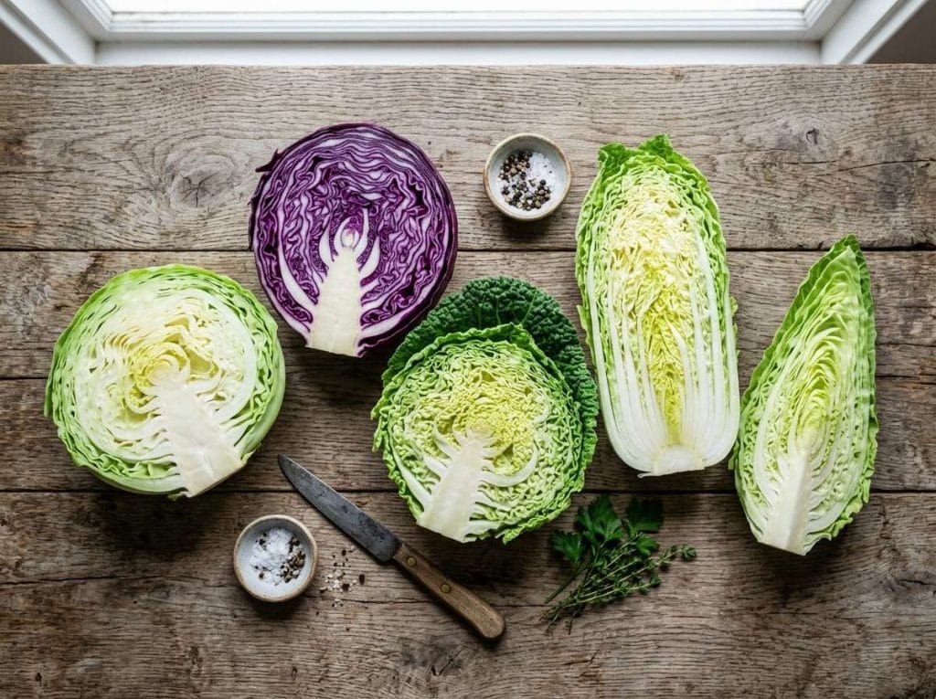 Different Types of Cabbage featuring fresh cabbage varieties displayed on a wooden table for easy comparison.