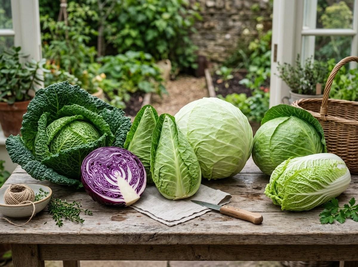 Different Types of Cabbage showing green, red, Savoy, Napa, and pointed cabbage varieties side by side.