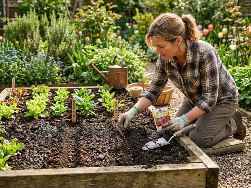 Growing Beets from Seed showing young beet seedlings emerging in a raised garden bed.