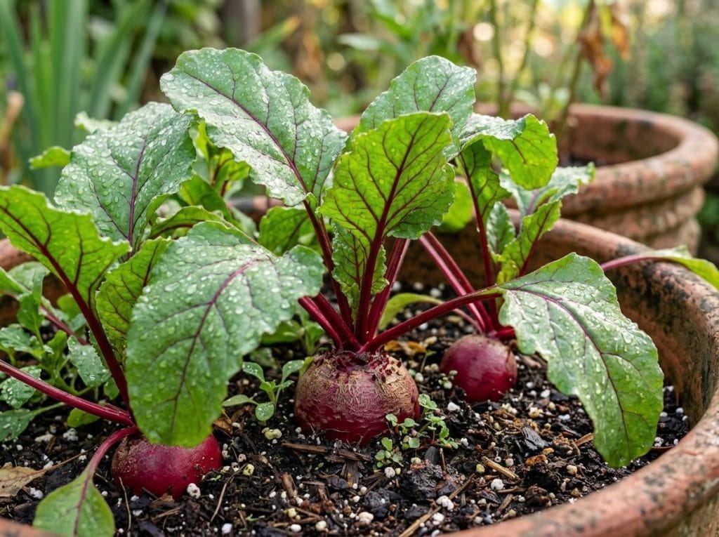 Growing Beets in Pots showing young beet seedlings growing in spacious containers with regular watering.