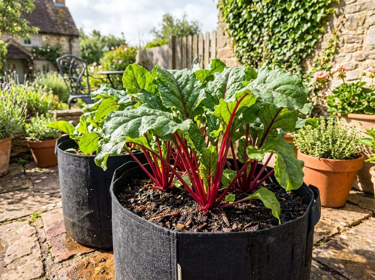 Growing Beets in Pots with healthy beet plants thriving in deep containers on a sunny patio.