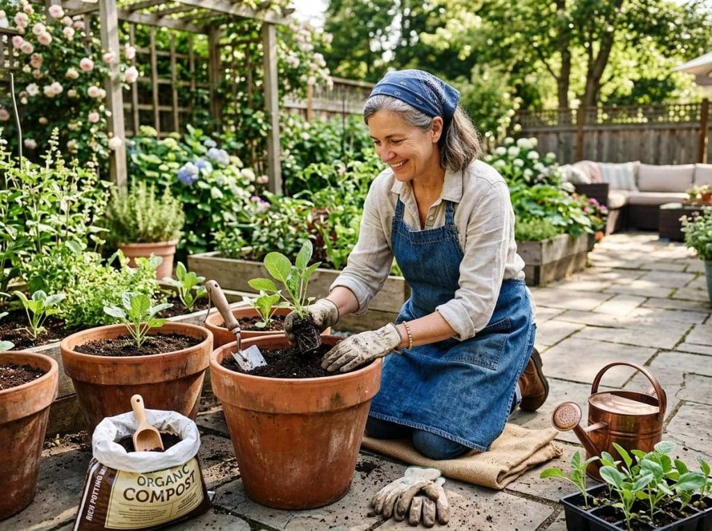 Growing Brussel Sprouts in Containers with healthy plants thriving in large pots on a sunny patio.