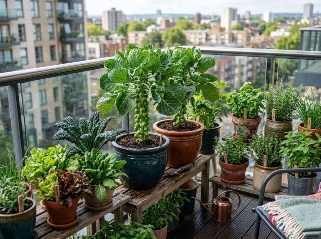 Growing Brussel Sprouts in Containers using nutrient-rich potting soil and proper drainage for vigorous growth.