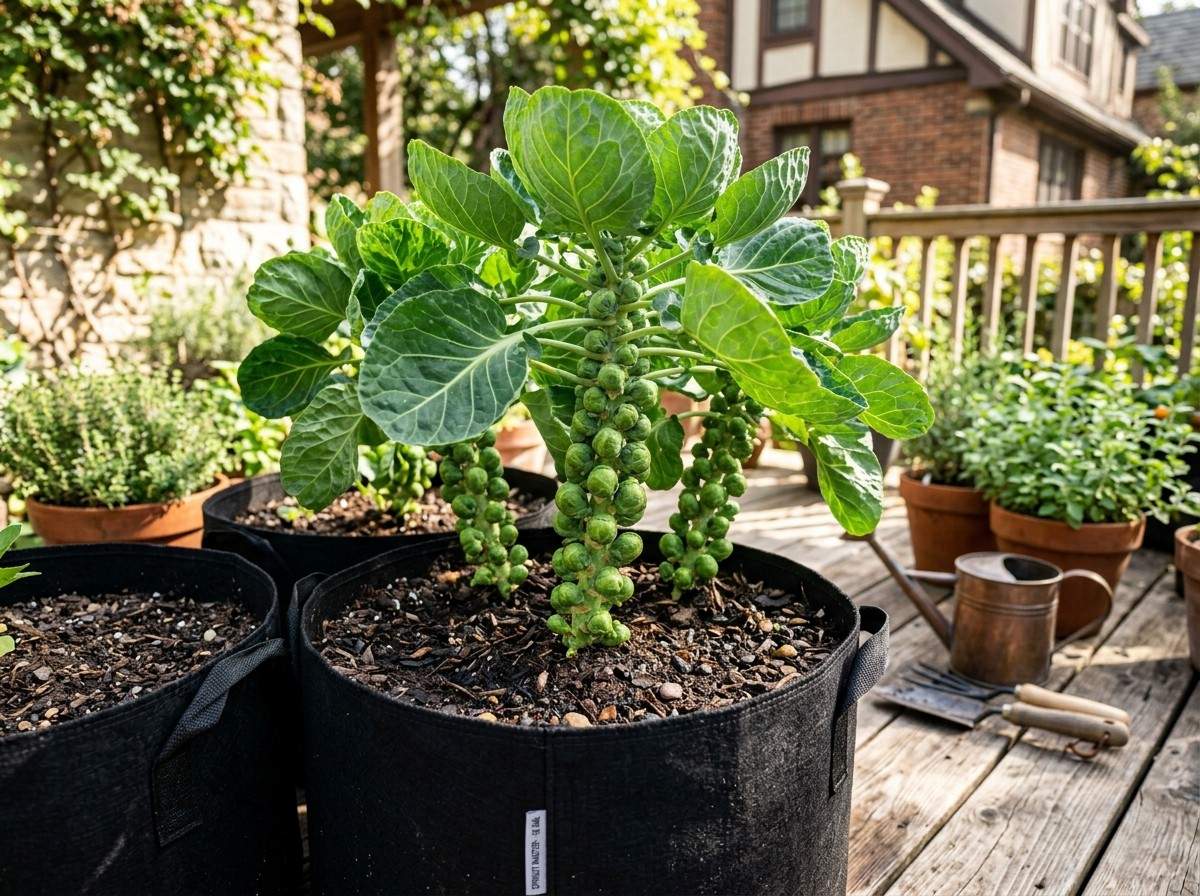 Growing Brussel Sprouts in Containers showing young plants growing in spacious containers with regular watering.