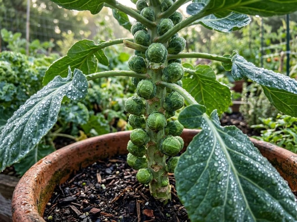 Growing Brussel Sprouts in Containers featuring mature sprouts developing on sturdy stalks in a home garden.