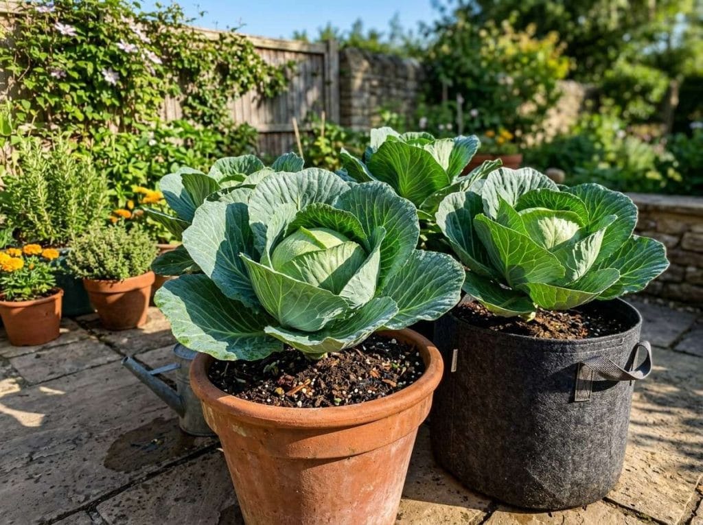 Growing Cabbage in Pots with healthy cabbage plants thriving in large containers on a sunny patio.