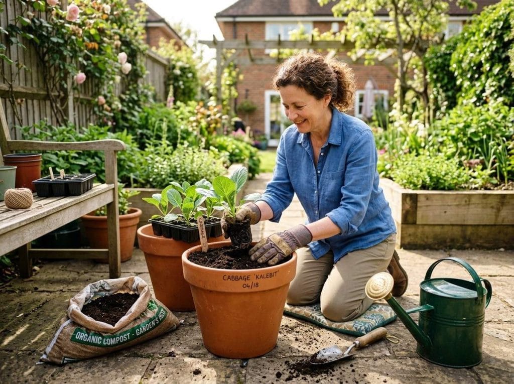 Growing Cabbage in Pots using nutrient-rich potting soil and proper drainage for strong plant growth.