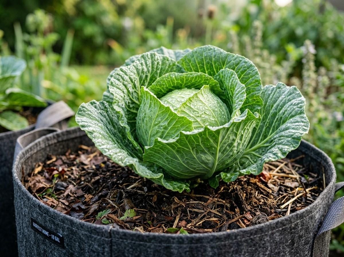 Growing Cabbage in Pots in a small home garden with mature cabbage heads ready for harvest.