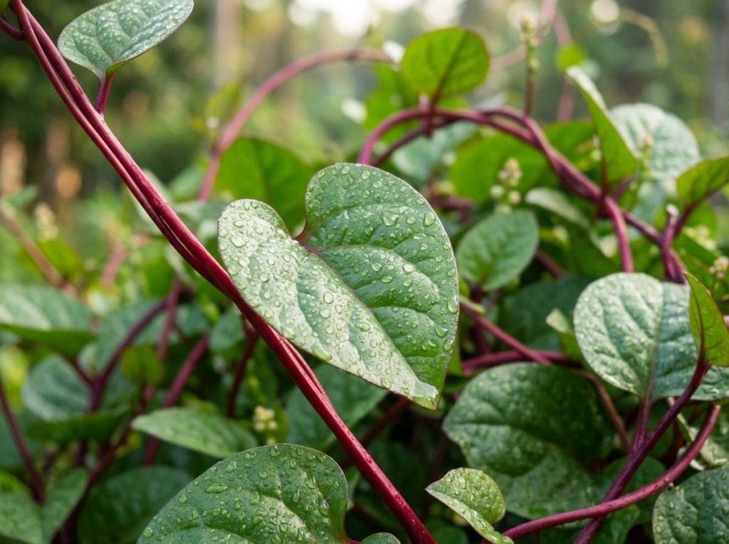 Growing Malabar Spinach in a raised garden bed with rich soil and consistent watering.