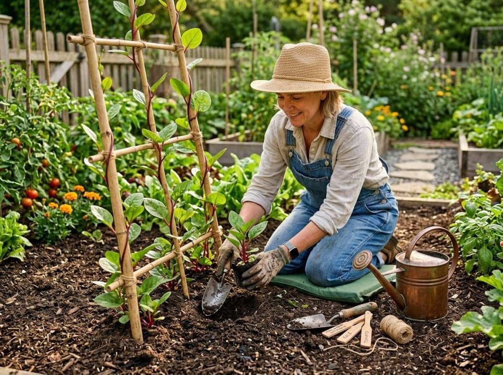 Growing Malabar Spinach from seeds in a sunny backyard vegetable garden during warm weather.