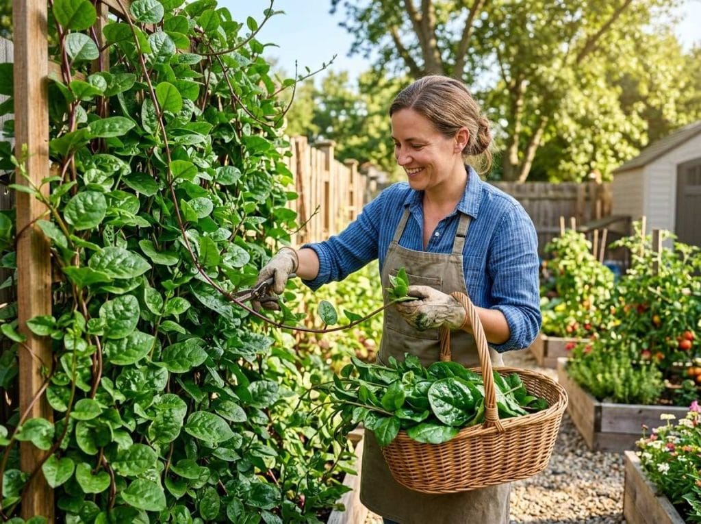 Growing Malabar Spinach with healthy vines producing fresh, glossy leaves ready for harvest.