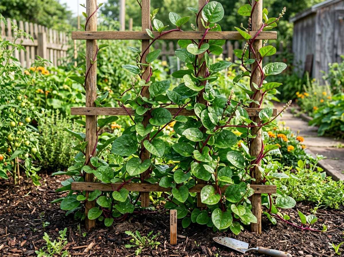 Growing Malabar Spinach on a sturdy garden trellis with lush green climbing vines.
