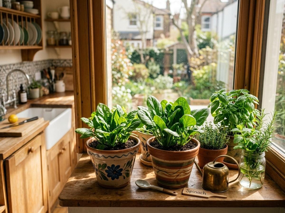 Growing Spinach Indoors showing healthy spinach plants growing in containers on a sunny windowsill