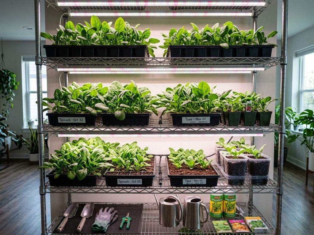 Growing Spinach Indoors for a productive indoor vegetable garden with fresh spinach leaves