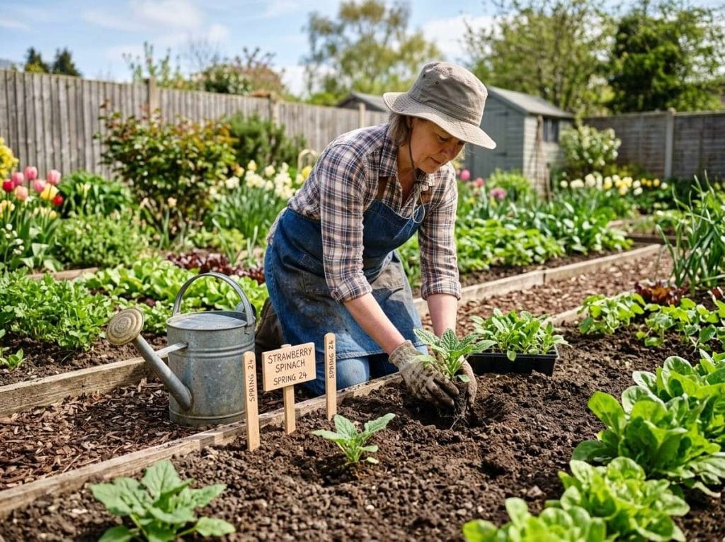 Growing Strawberry Spinach in a raised garden bed with healthy green leaves and bright red berries.