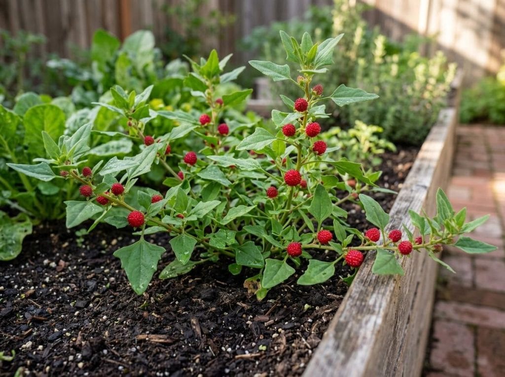 Growing Strawberry Spinach with lush foliage and edible red berries in a backyard vegetable garden.