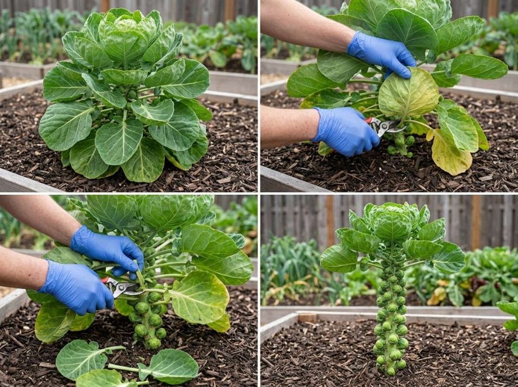How Do I Trim Brussel Sprouts by removing the lower leaves with clean garden pruning shears.