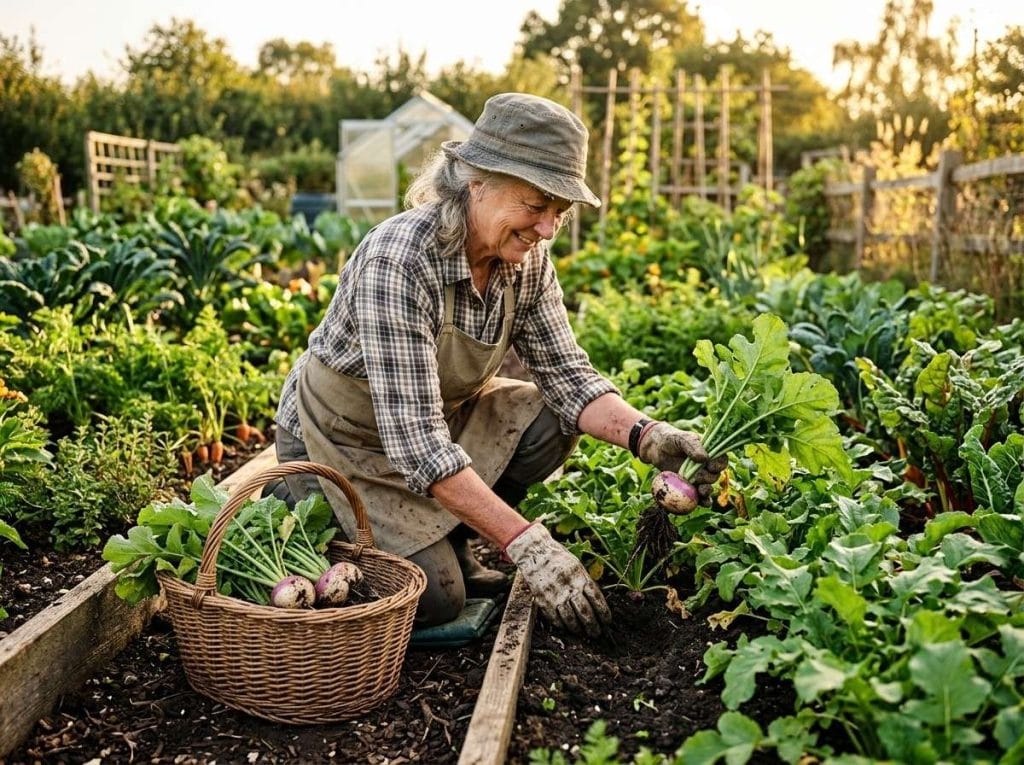 How Do You Grow Turnips with lush green tops and developing turnip roots in a backyard vegetable garden.