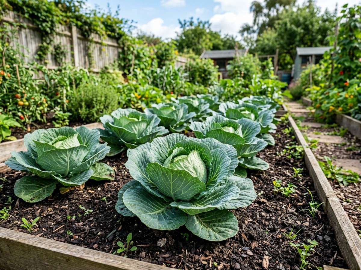 How Far Apart to Plant Cabbage with evenly spaced cabbage seedlings growing in a raised garden bed.